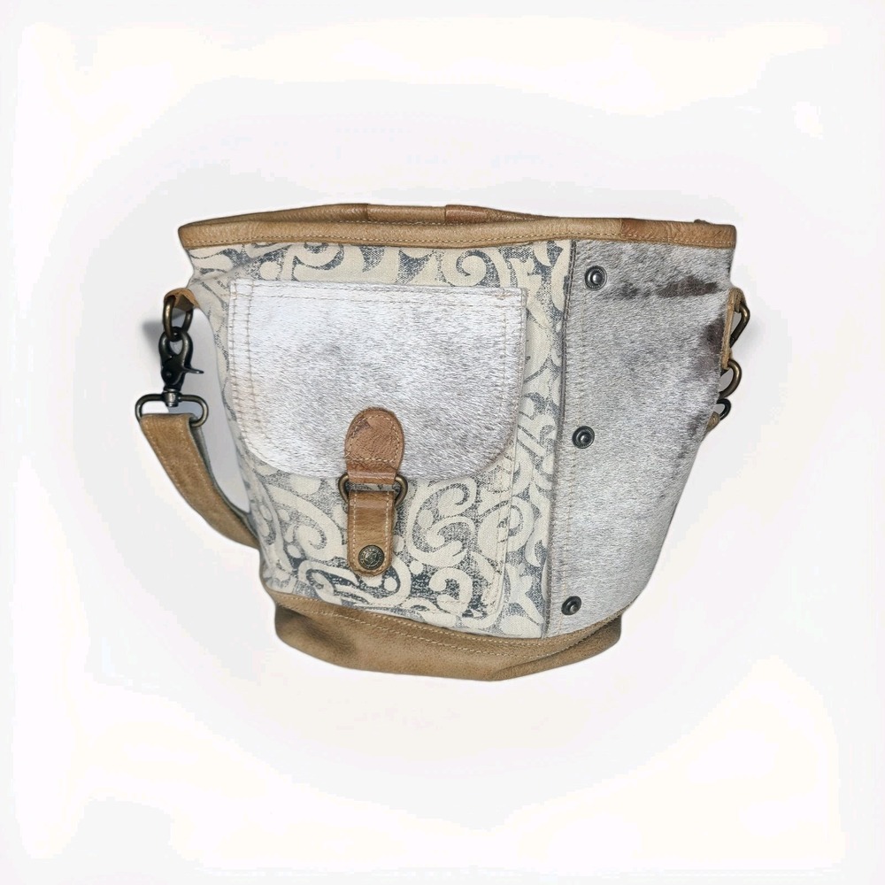 Myra Bag Light Tan‎ Gray Cowhide & Leather Purse Crossbody Western Upcycled